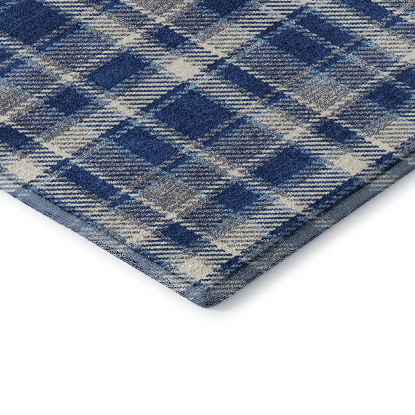 8' Navy Blue And Ivory Plaid Washable Round Rug With UV Protection - HomeRoots - Flyclothing LLC