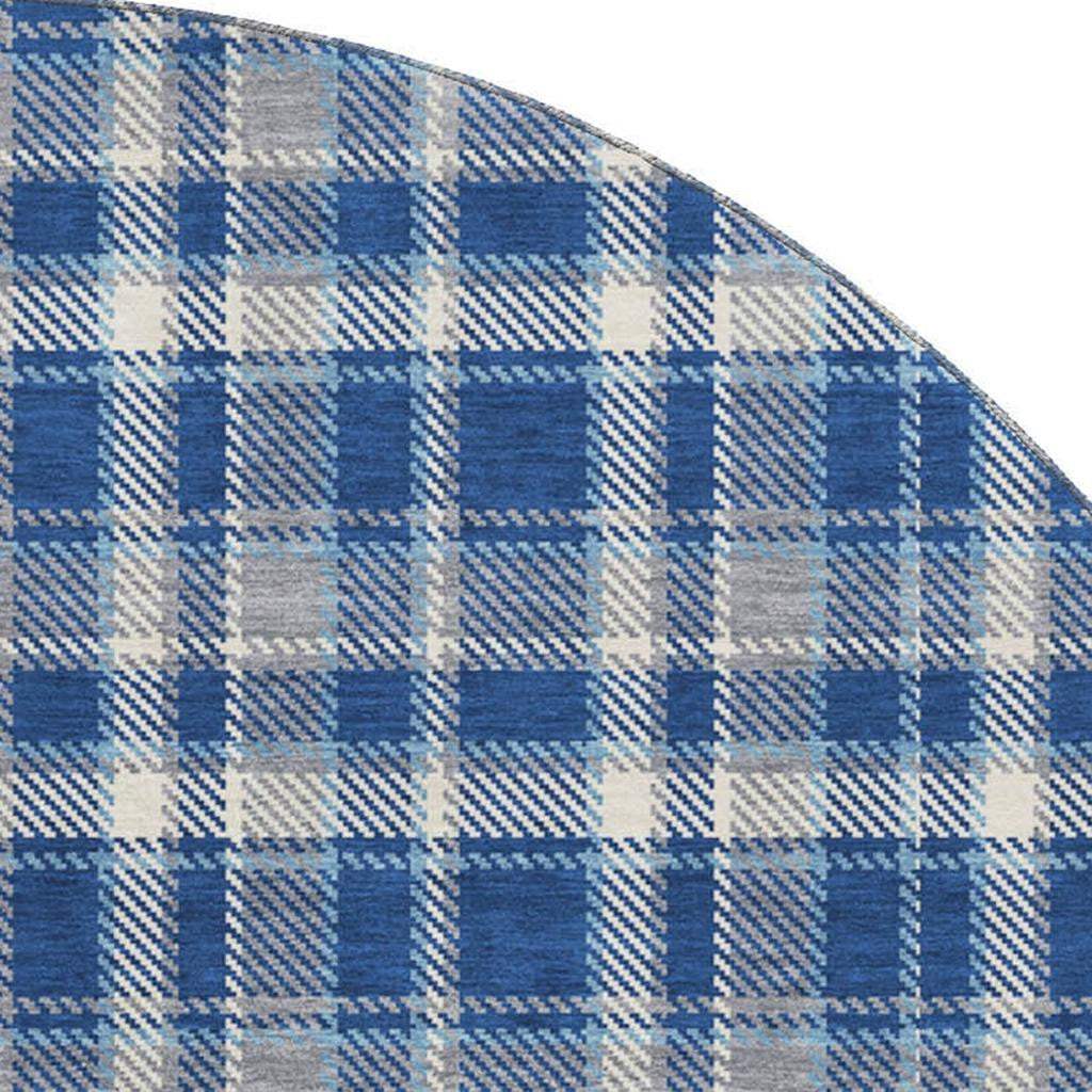 8' Navy Blue And Ivory Plaid Washable Round Rug With UV Protection - HomeRoots - Flyclothing LLC