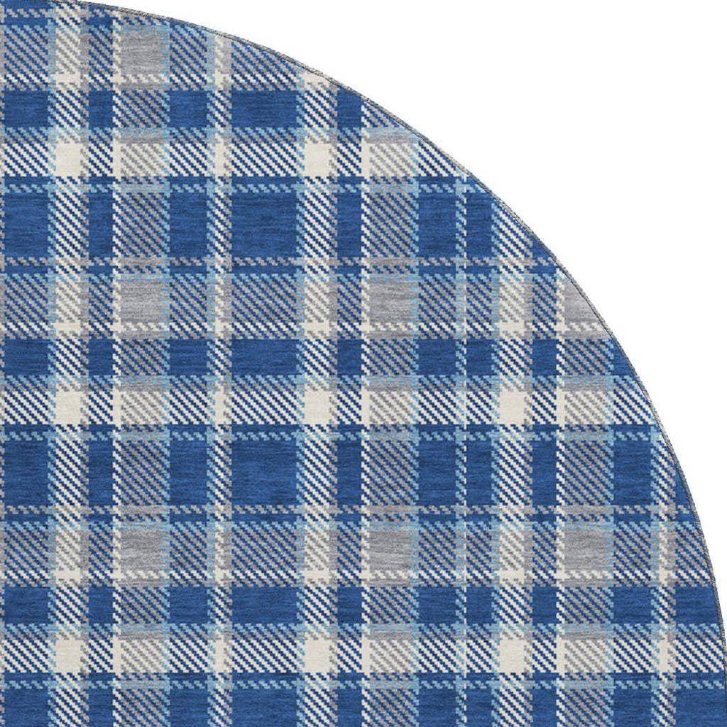 8' Navy Blue And Ivory Plaid Washable Round Rug With UV Protection - HomeRoots - Flyclothing LLC