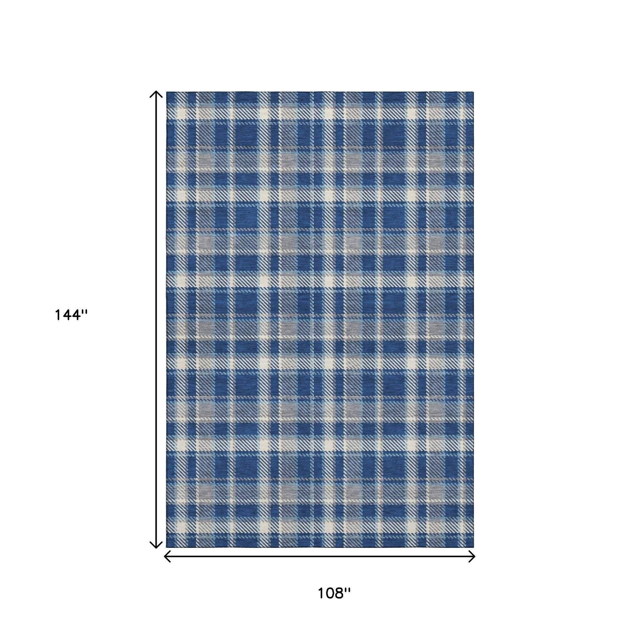 9' X 12' Navy Blue And Ivory Plaid Washable Area Rug With UV Protection - HomeRoots - Flyclothing LLC