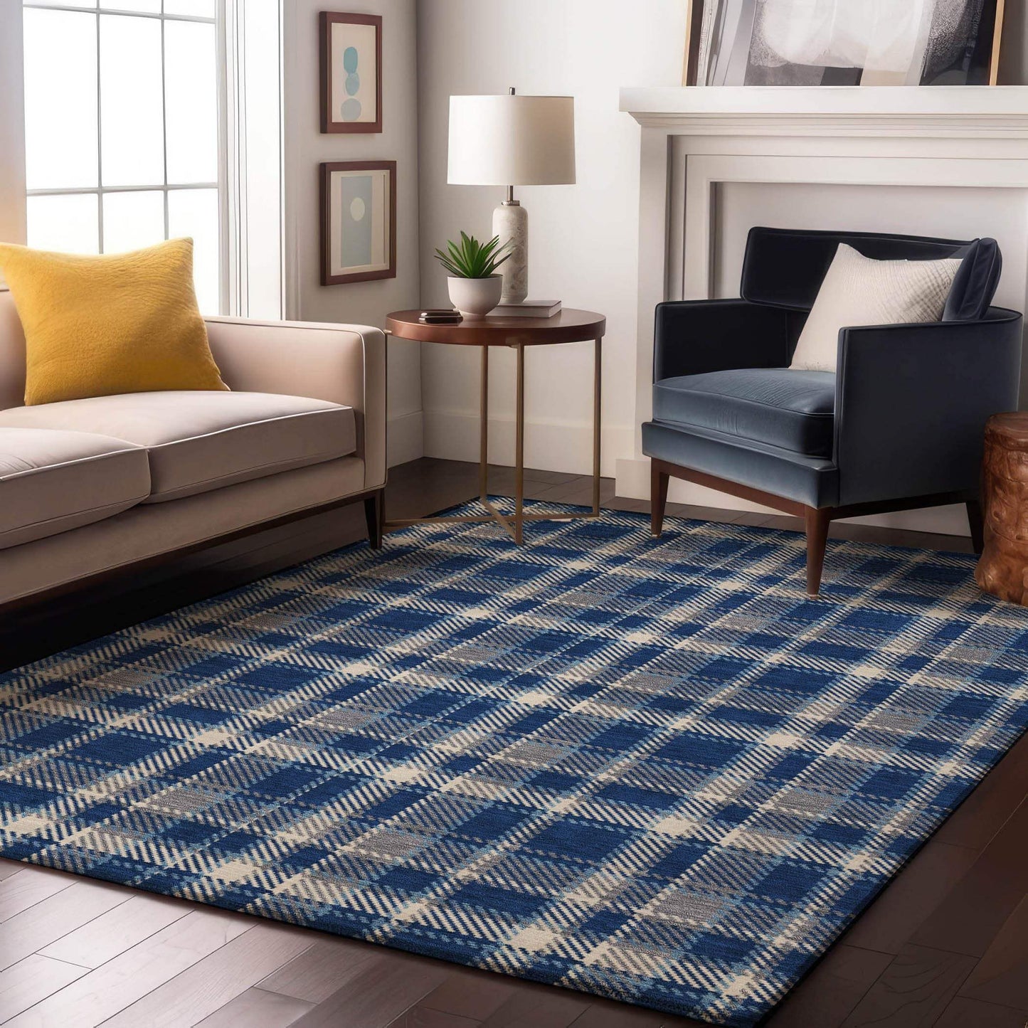 9' X 12' Navy Blue And Ivory Plaid Washable Area Rug With UV Protection - HomeRoots - Flyclothing LLC