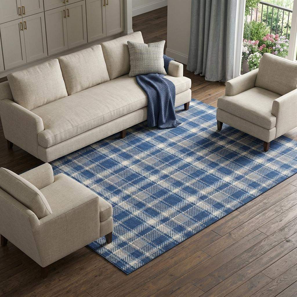 9' X 12' Navy Blue And Ivory Plaid Washable Area Rug With UV Protection - HomeRoots - Flyclothing LLC