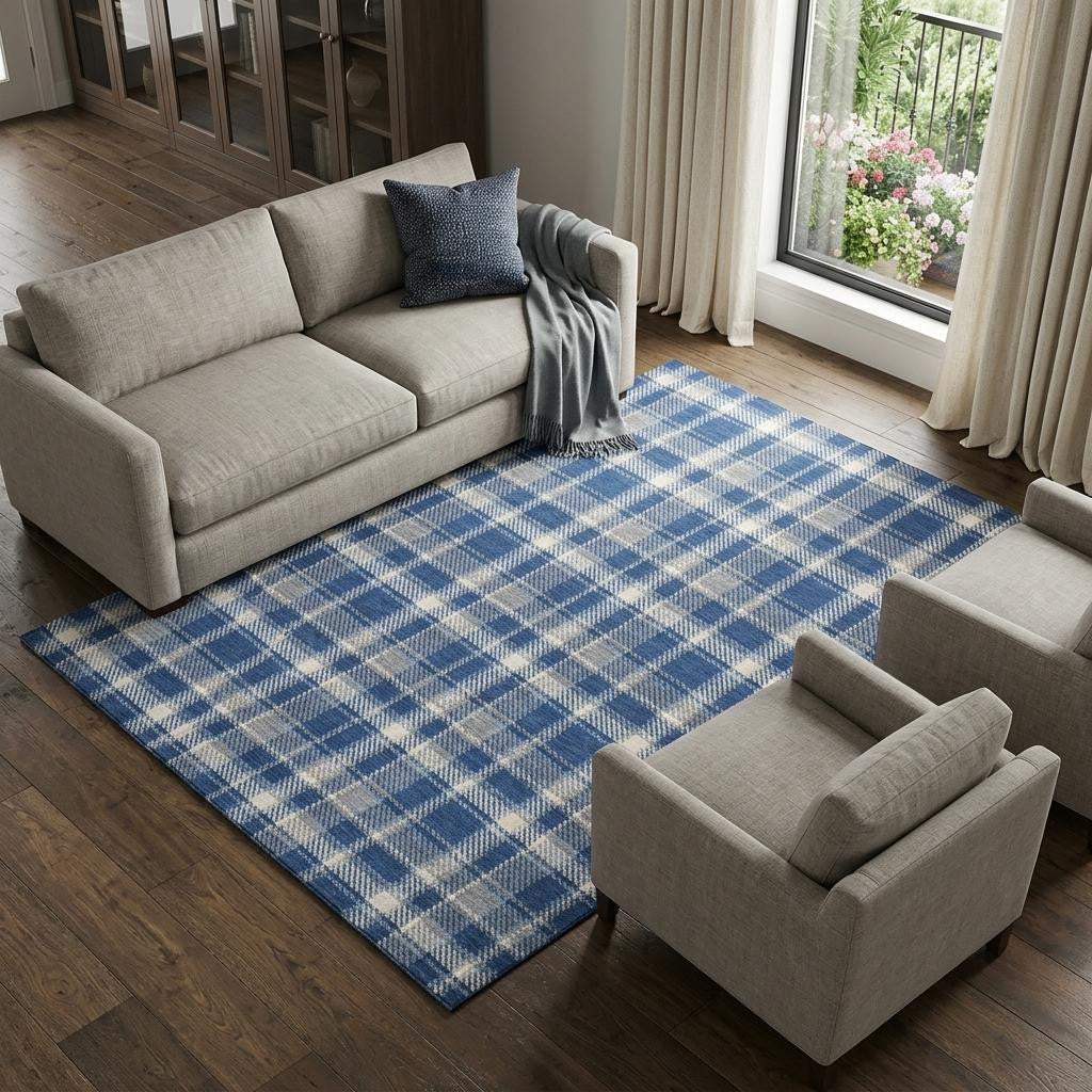10' X 14' Navy Blue And Ivory Plaid Washable Area Rug With UV Protection - HomeRoots - Flyclothing LLC
