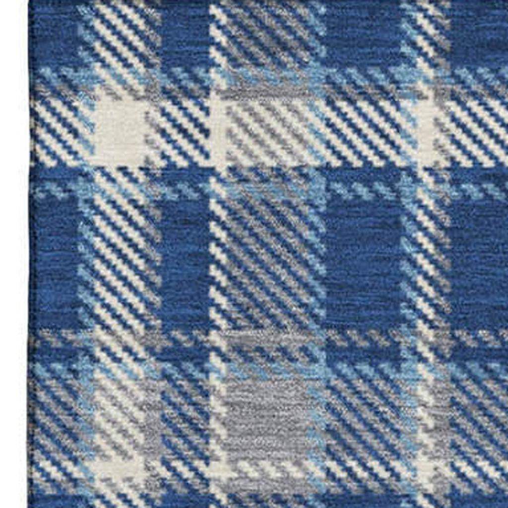 10' X 14' Navy Blue And Ivory Plaid Washable Area Rug With UV Protection - HomeRoots - Flyclothing LLC