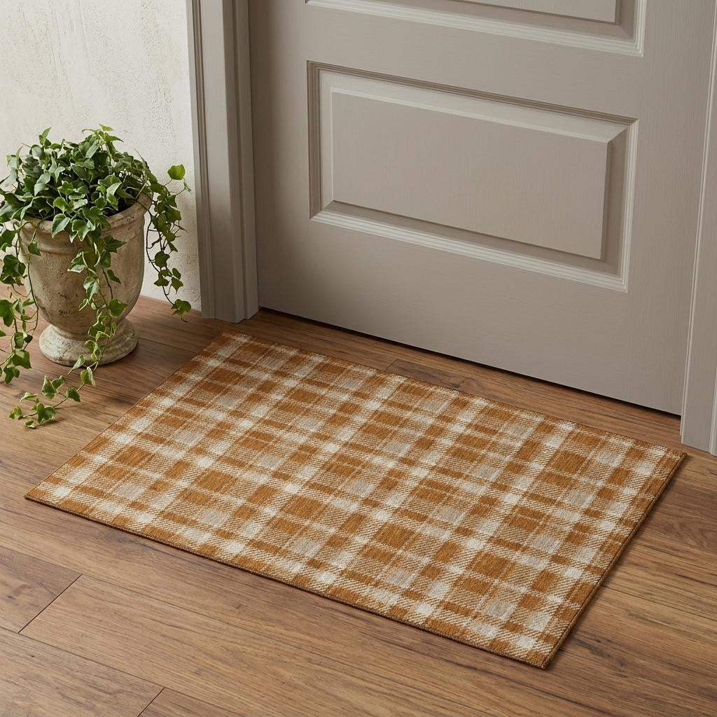 3' X 5' Rust And Ivory Plaid Washable Area Rug With UV Protection - HomeRoots - Flyclothing LLC