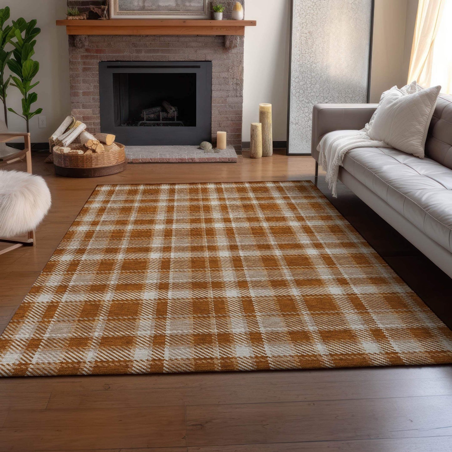 3' X 5' Rust And Ivory Plaid Washable Area Rug With UV Protection - HomeRoots - Flyclothing LLC