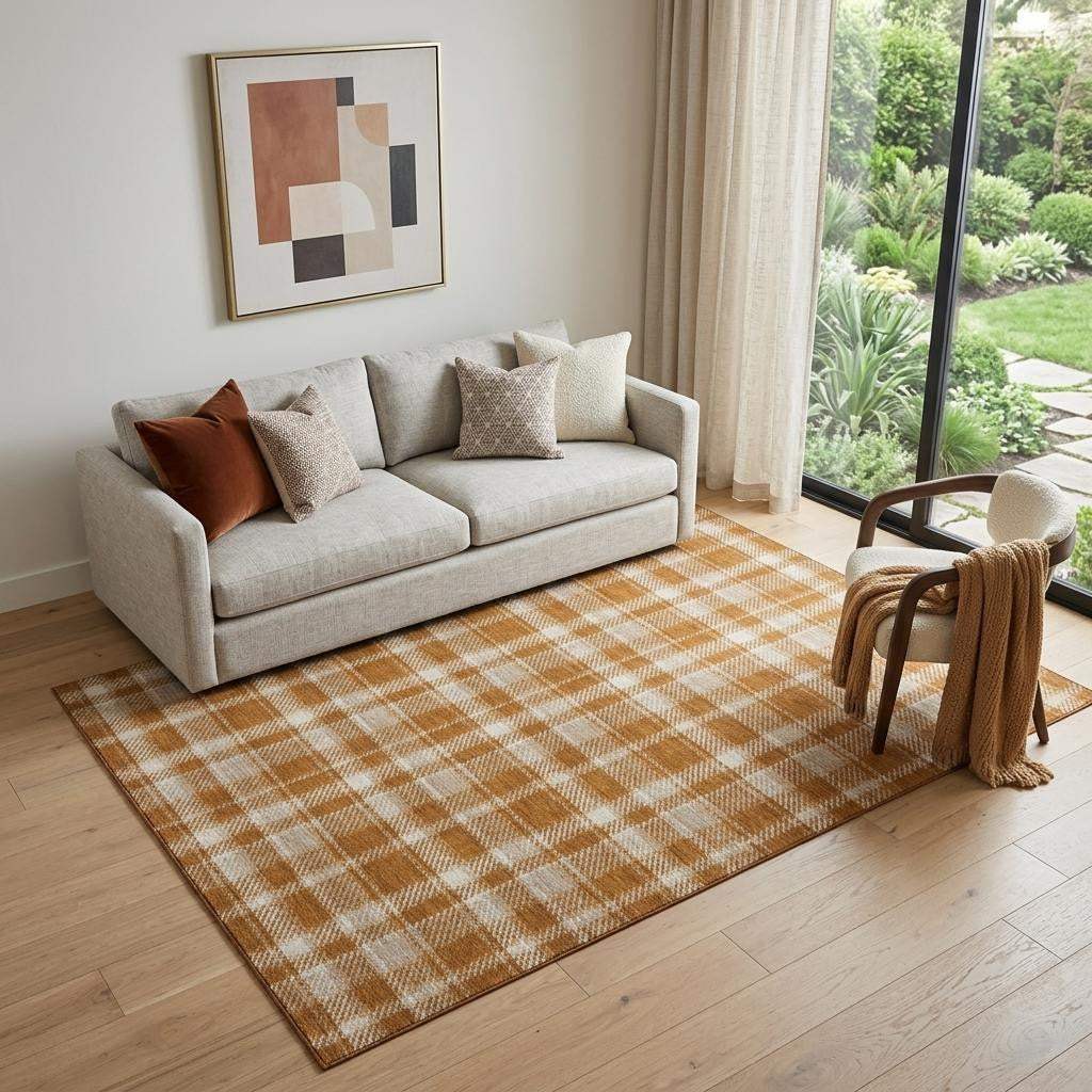 5' X 8' Rust And Ivory Plaid Washable Area Rug With UV Protection - HomeRoots - Flyclothing LLC