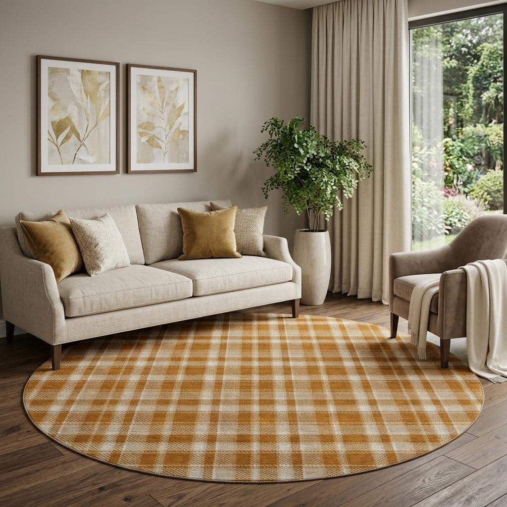8' Rust And Ivory Plaid Washable Round Rug With UV Protection - HomeRoots - Flyclothing LLC