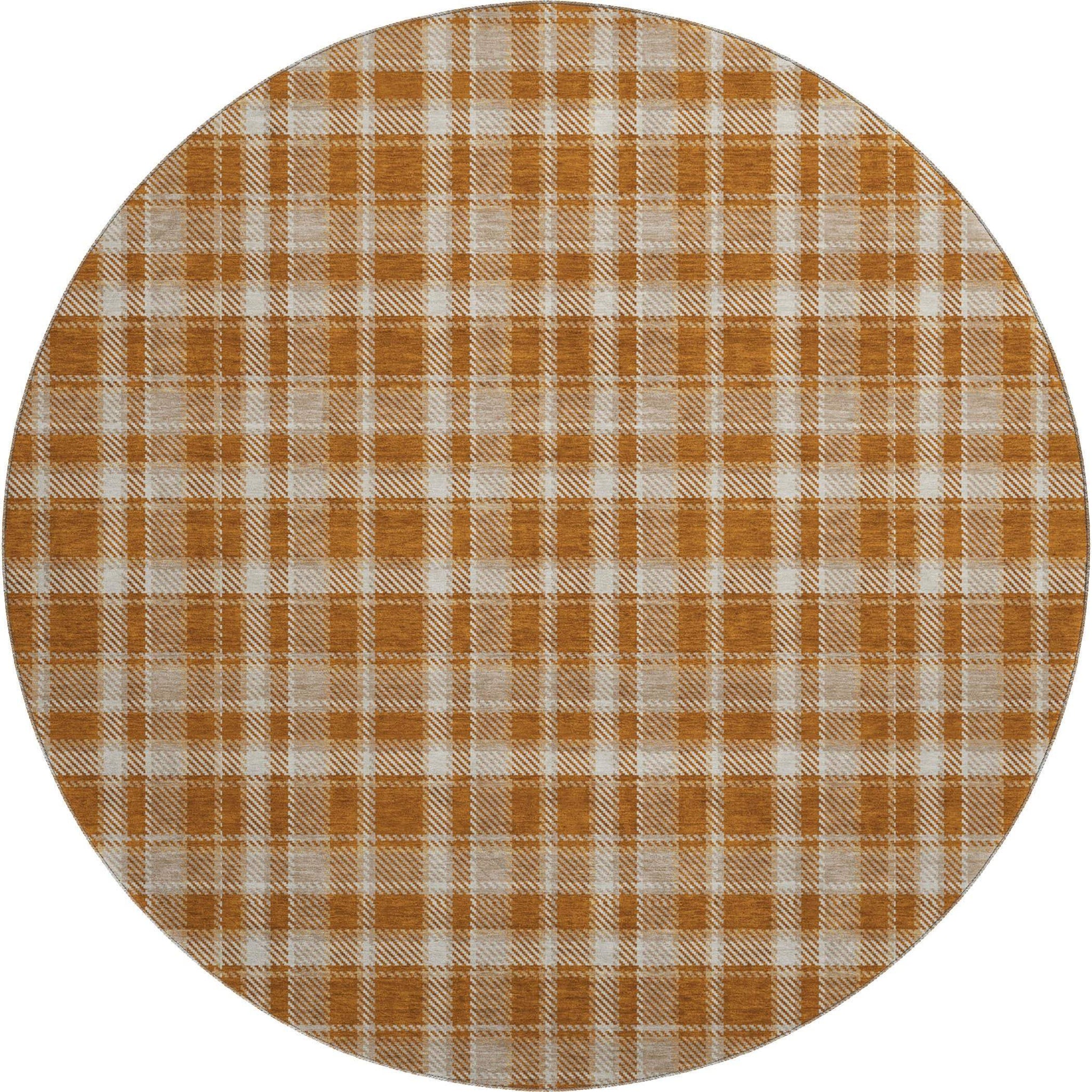 8' Rust And Ivory Plaid Washable Round Rug With UV Protection - HomeRoots - Flyclothing LLC