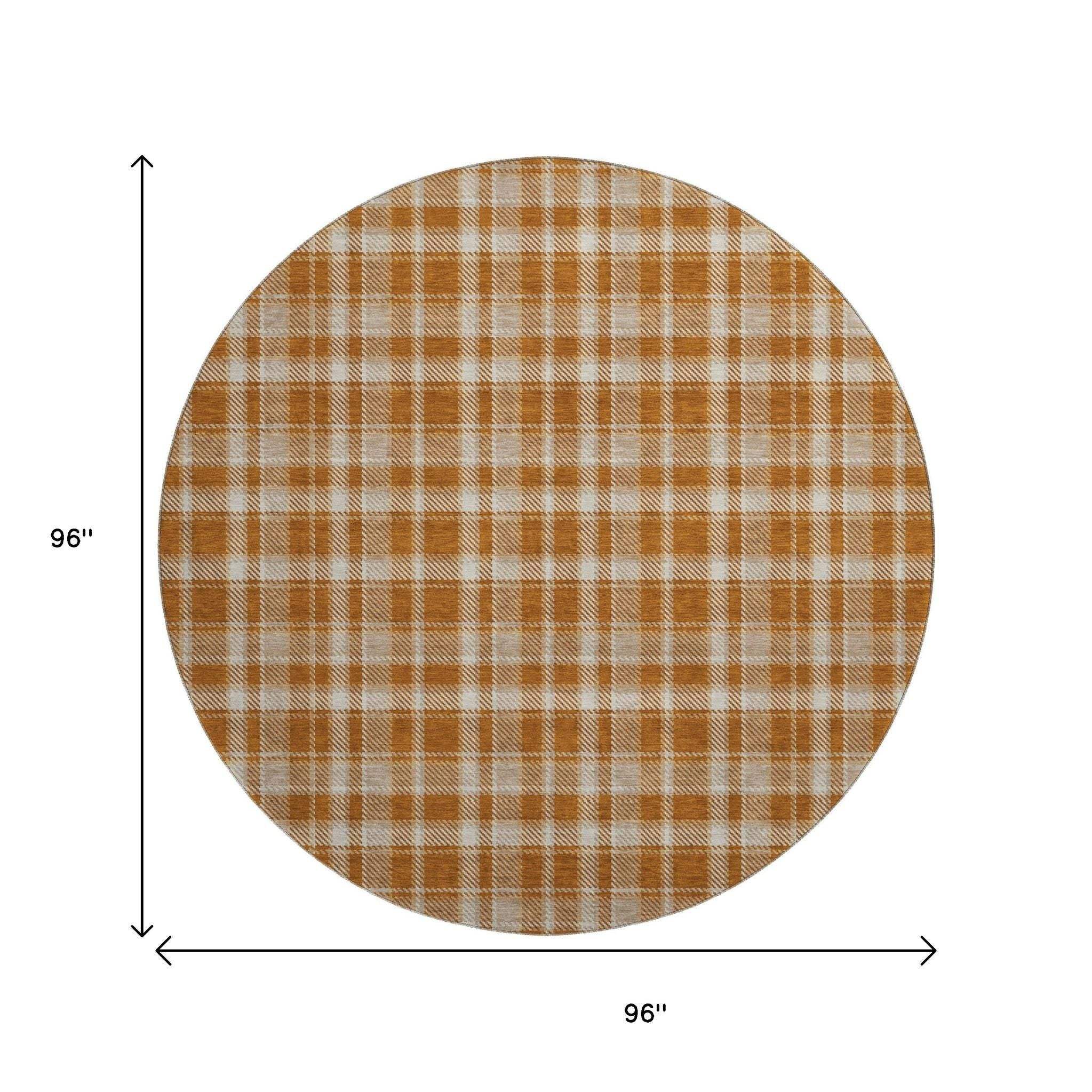 8' Rust And Ivory Plaid Washable Round Rug With UV Protection - HomeRoots - Flyclothing LLC
