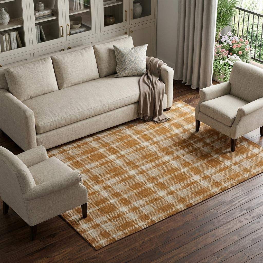 8' X 10' Rust And Ivory Plaid Washable Area Rug With UV Protection - HomeRoots - Flyclothing LLC