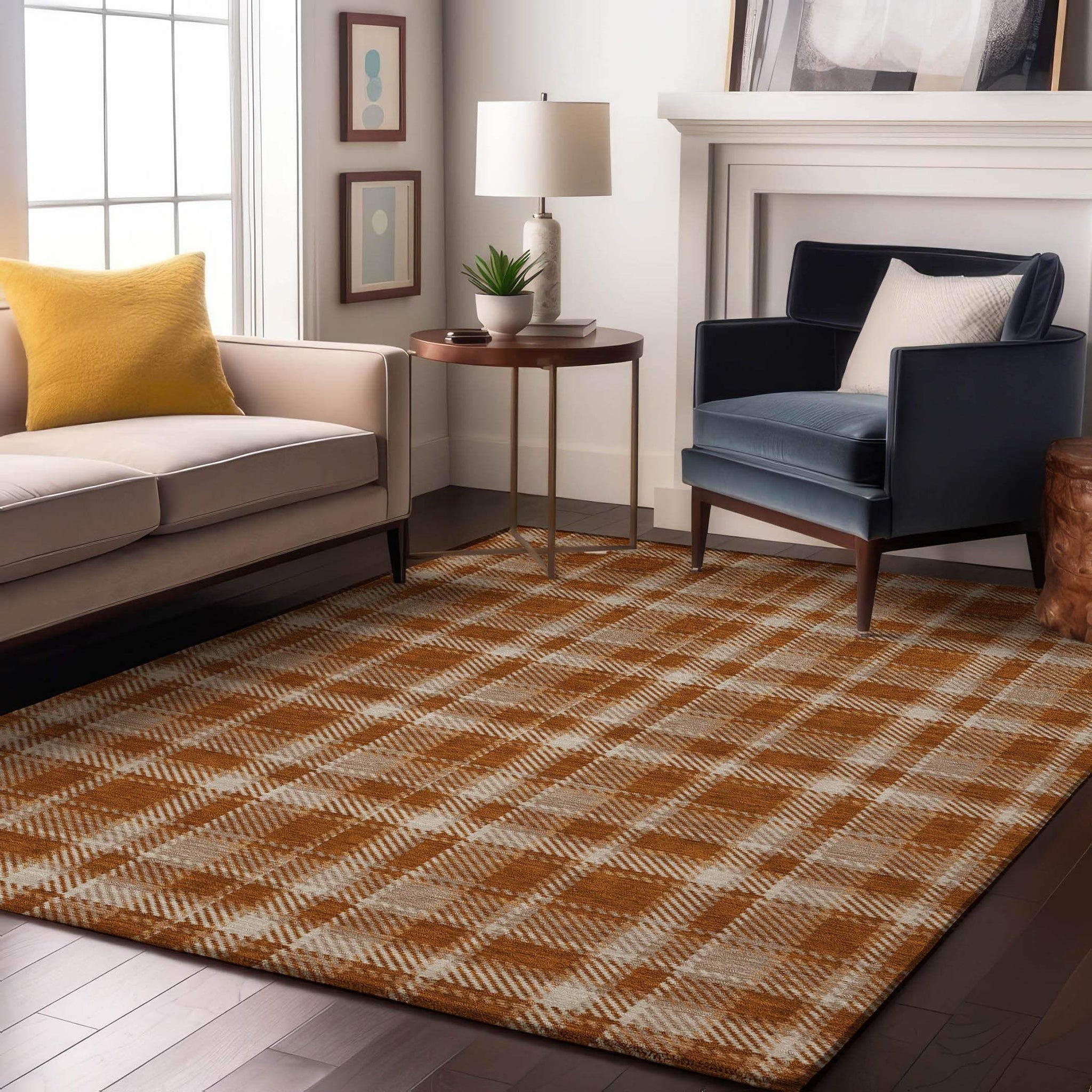 8' X 10' Rust And Ivory Plaid Washable Area Rug With UV Protection - HomeRoots - Flyclothing LLC