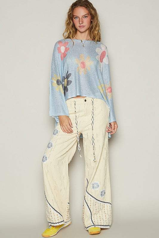 POL Flower Dropped Shoulder Long Sleeve Knit Top - Trendsi - Flyclothing LLC
