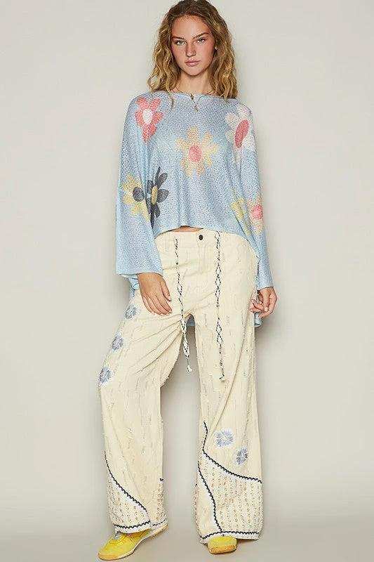 POL Flower Dropped Shoulder Long Sleeve Knit Top - Trendsi - Flyclothing LLC
