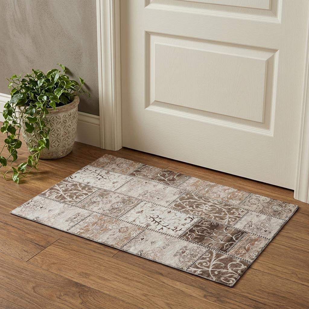 3' X 5' Beige And Ivory Patchwork Distressed Washable Area Rug With UV Protection - HomeRoots - Flyclothing LLC