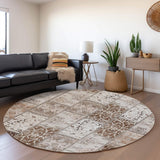 8' Beige And Ivory Patchwork Distressed Washable Round Rug With UV Protection - HomeRoots - Flyclothing LLC