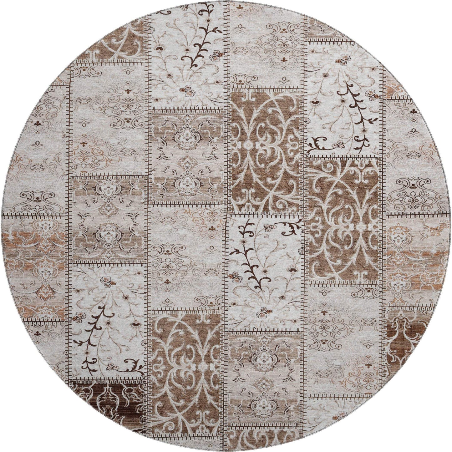 8' Beige And Ivory Patchwork Distressed Washable Round Rug With UV Protection - HomeRoots - Flyclothing LLC