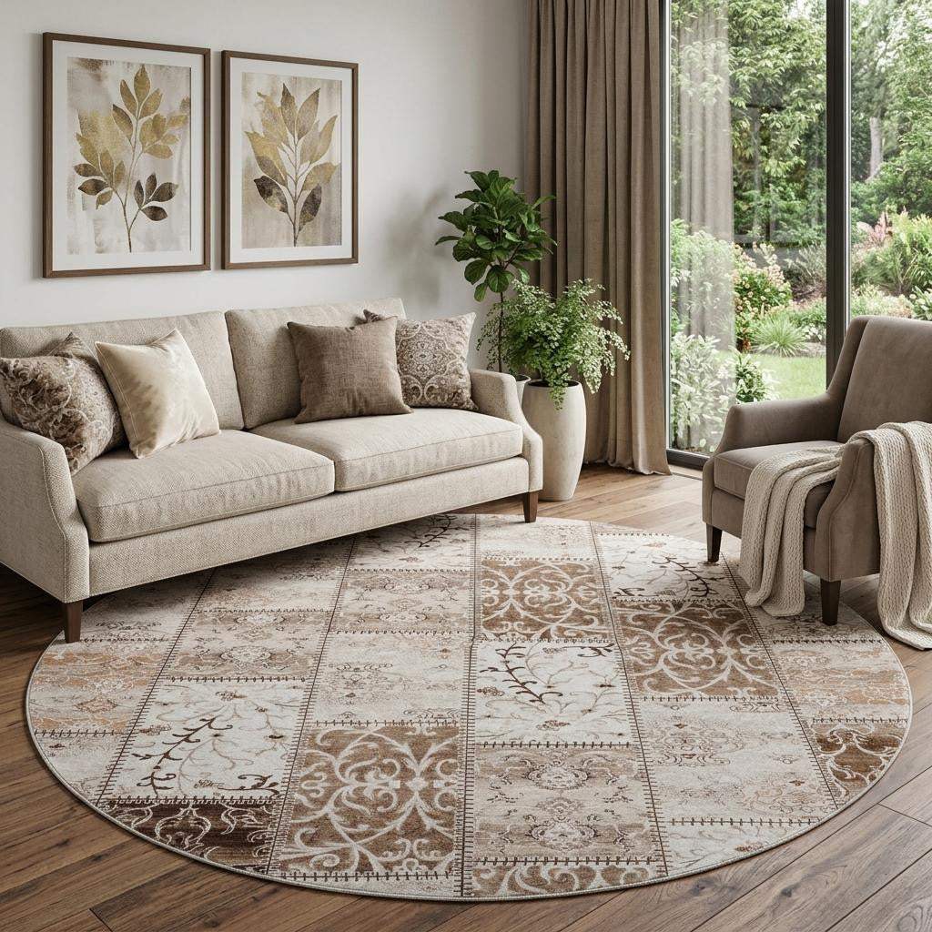 8' Beige And Ivory Patchwork Distressed Washable Round Rug With UV Protection - HomeRoots - Flyclothing LLC