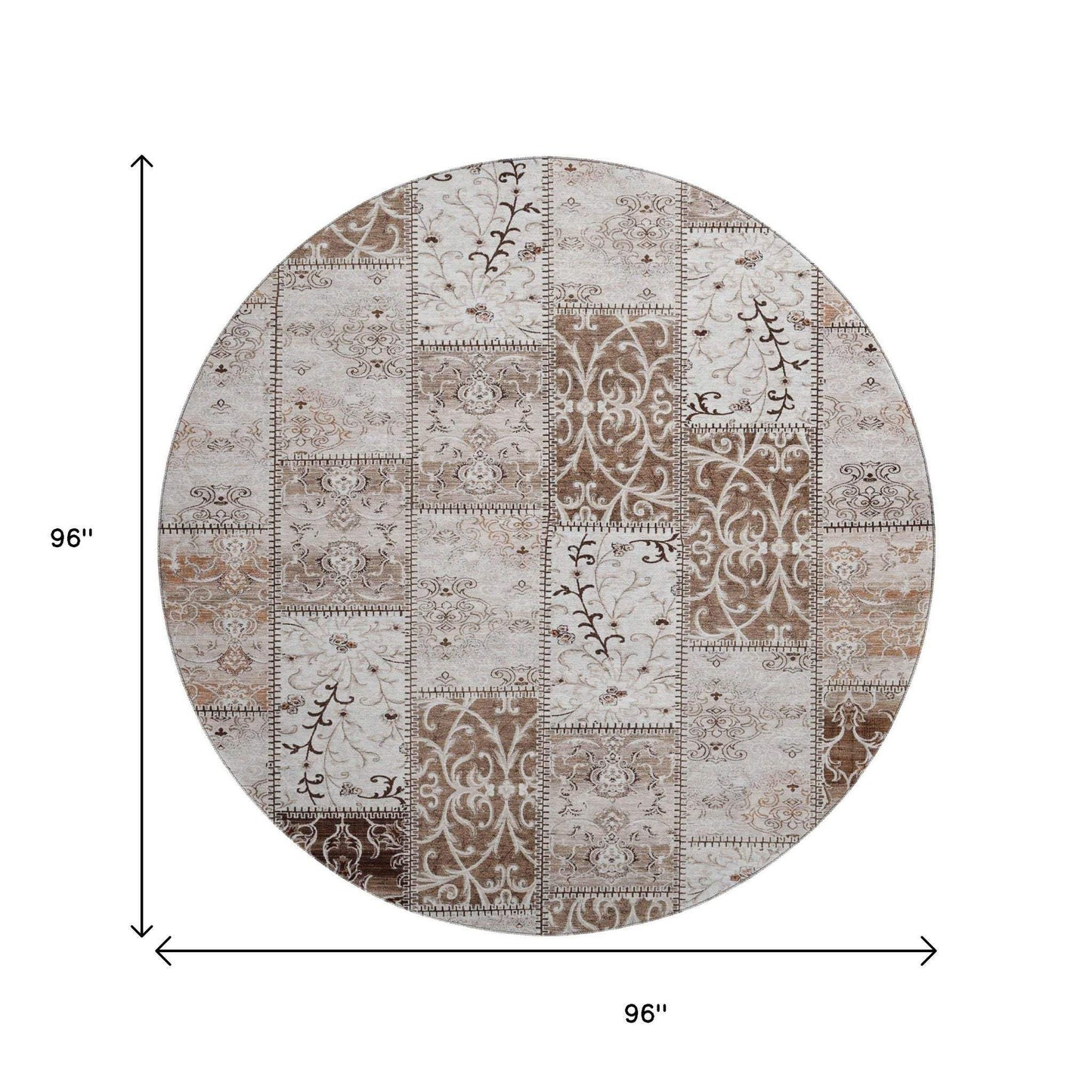 8' Beige And Ivory Patchwork Distressed Washable Round Rug With UV Protection - HomeRoots - Flyclothing LLC