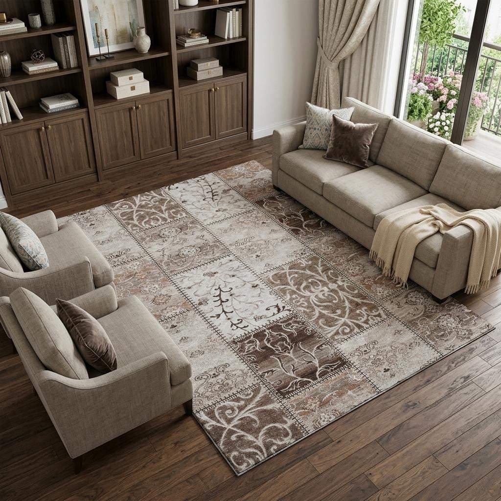 8' X 10' Beige And Ivory Patchwork Distressed Washable Area Rug With UV Protection - HomeRoots - Flyclothing LLC