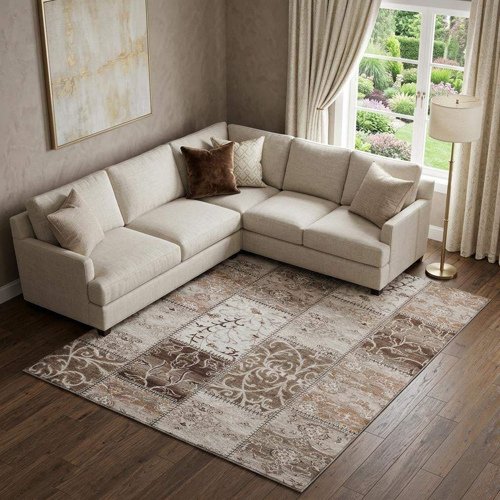9' X 12' Beige And Ivory Patchwork Distressed Washable Area Rug With UV Protection - HomeRoots - Flyclothing LLC