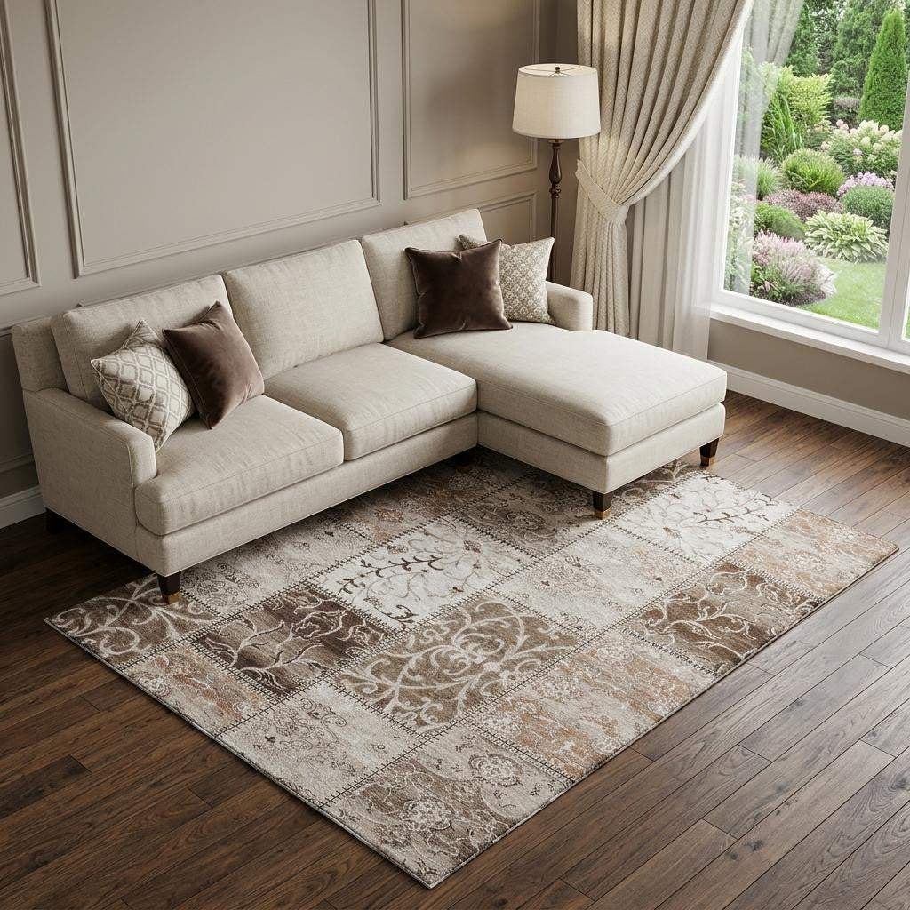 10' X 14' Beige And Ivory Patchwork Distressed Washable Area Rug With UV Protection - HomeRoots - Flyclothing LLC