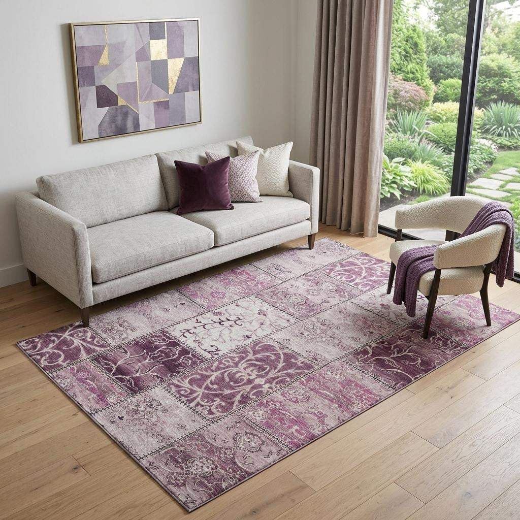 5' X 8' Burgundy And Ivory Patchwork Distressed Washable Area Rug With UV Protection - HomeRoots - Flyclothing LLC