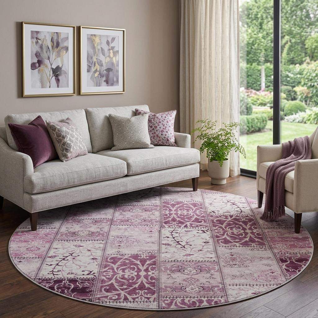 8' Burgundy And Ivory Patchwork Distressed Washable Round Rug With UV Protection - HomeRoots - Flyclothing LLC