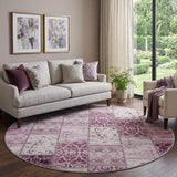 8' Burgundy And Ivory Patchwork Distressed Washable Round Rug With UV Protection - HomeRoots - Flyclothing LLC
