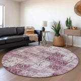8' Burgundy And Ivory Patchwork Distressed Washable Round Rug With UV Protection - HomeRoots - Flyclothing LLC