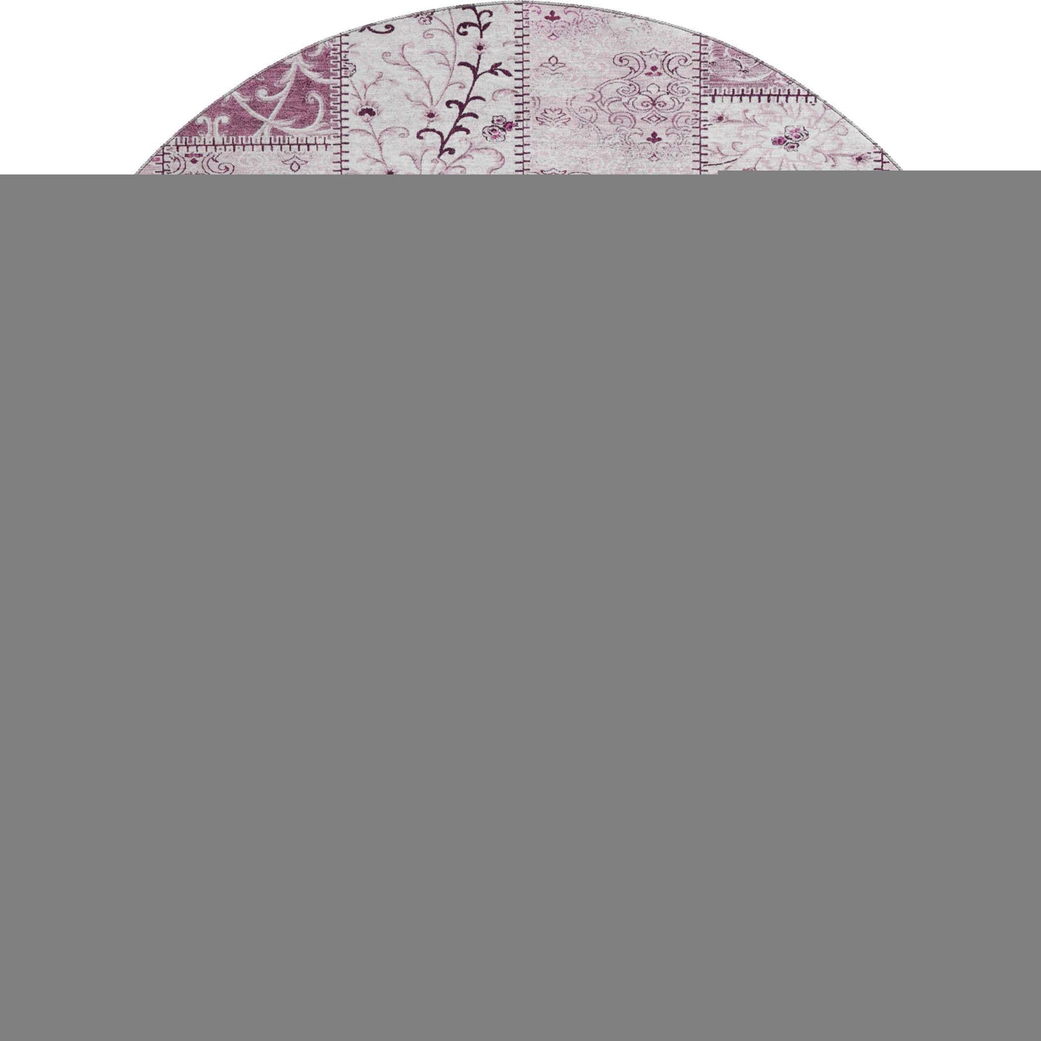 8' Burgundy And Ivory Patchwork Distressed Washable Round Rug With UV Protection - HomeRoots - Flyclothing LLC