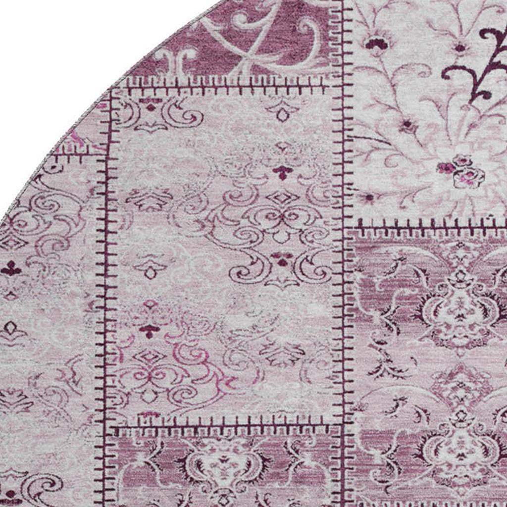 8' Burgundy And Ivory Patchwork Distressed Washable Round Rug With UV Protection - HomeRoots - Flyclothing LLC
