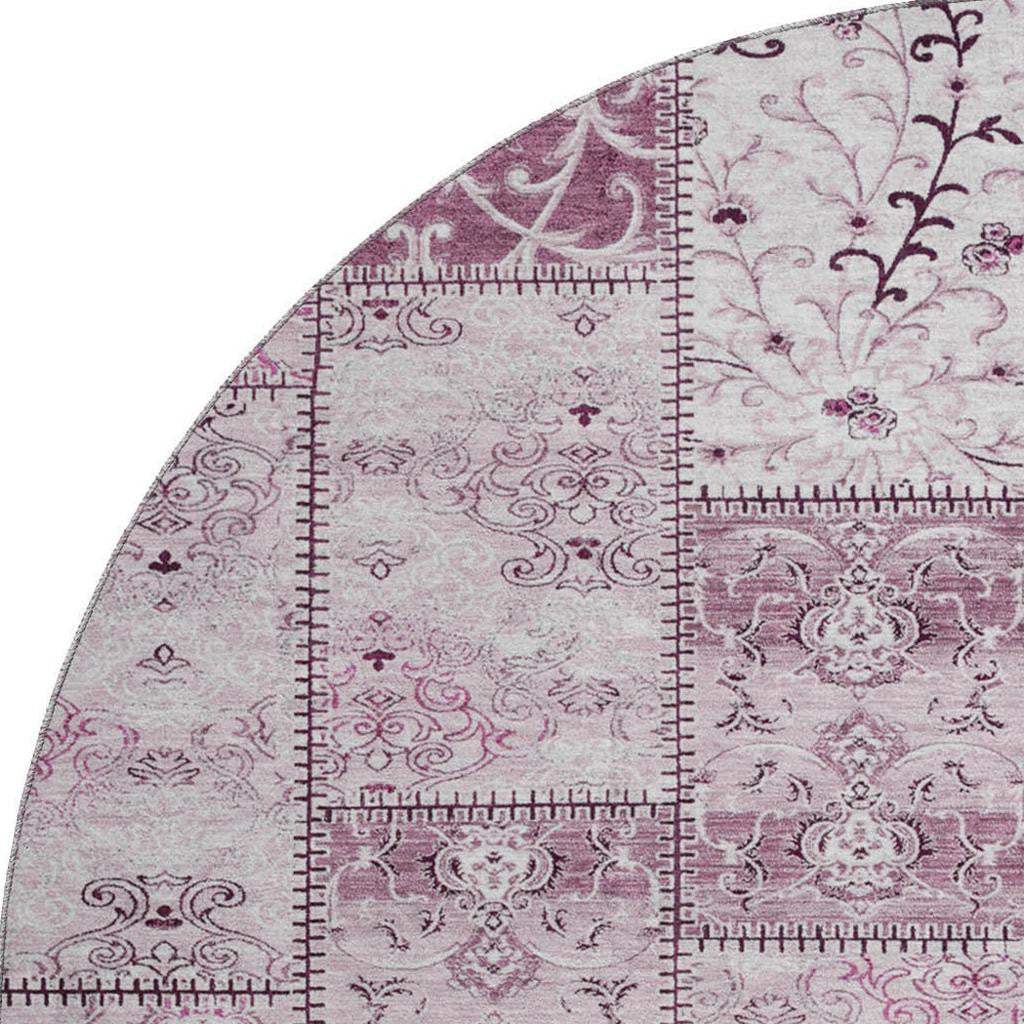 8' Burgundy And Ivory Patchwork Distressed Washable Round Rug With UV Protection - HomeRoots - Flyclothing LLC