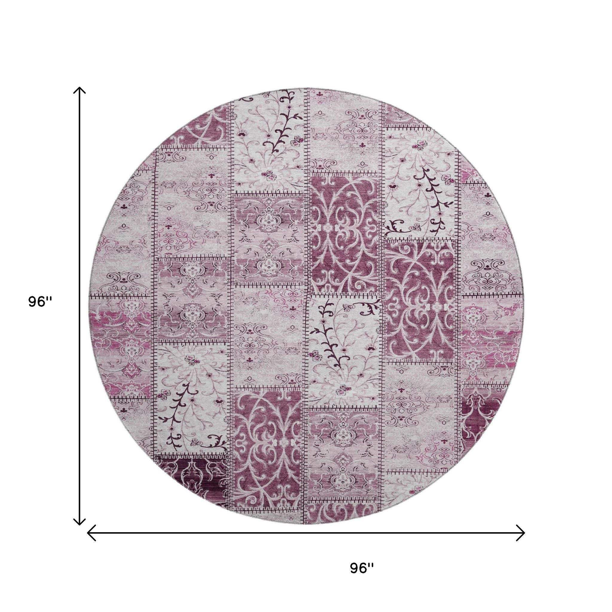 8' Burgundy And Ivory Patchwork Distressed Washable Round Rug With UV Protection - HomeRoots - Flyclothing LLC