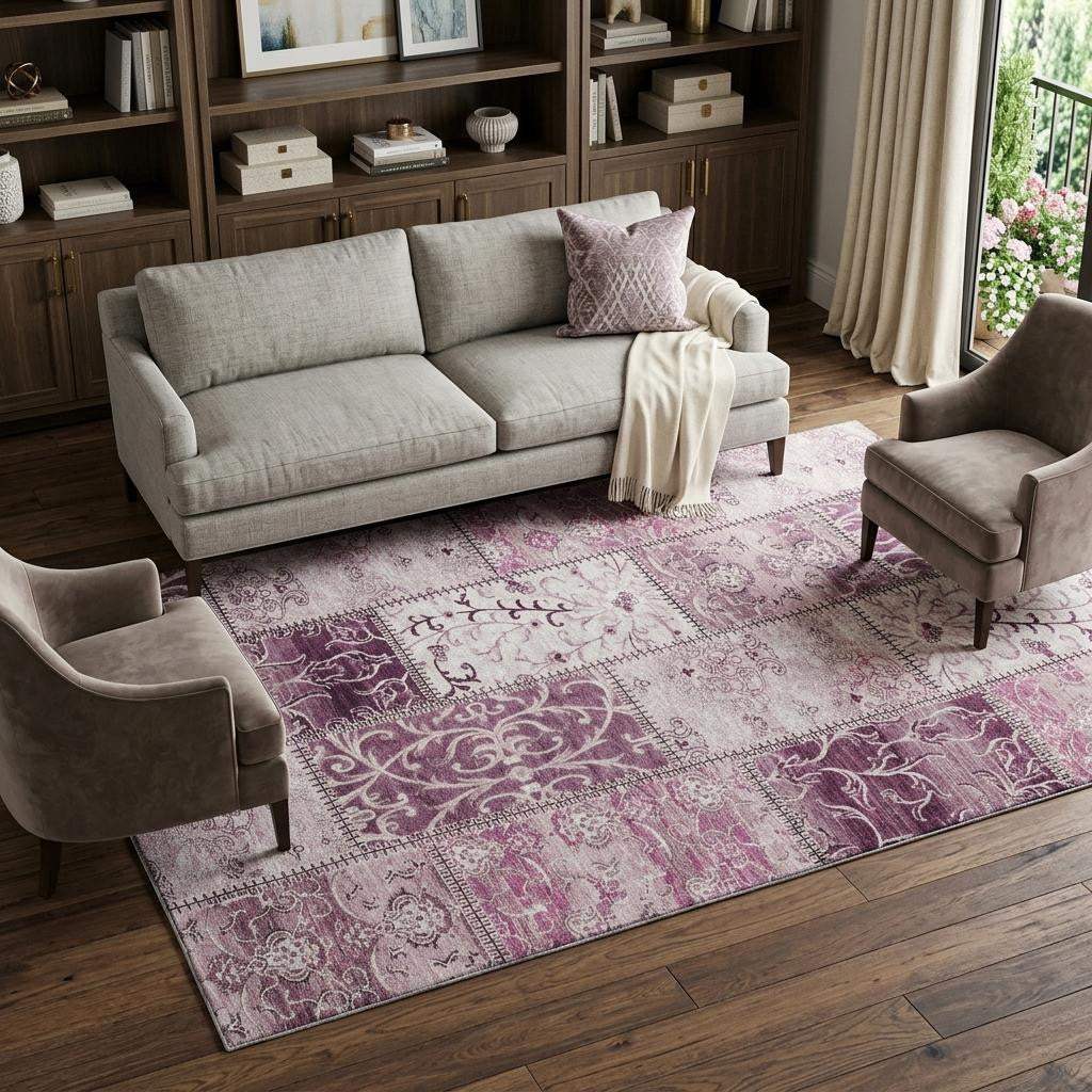 8' X 10' Burgundy And Ivory Patchwork Distressed Washable Area Rug With UV Protection - HomeRoots - Flyclothing LLC