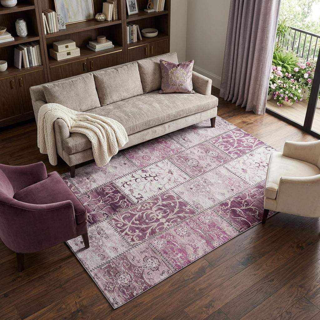 9' X 12' Burgundy And Ivory Patchwork Distressed Washable Area Rug With UV Protection - HomeRoots - Flyclothing LLC