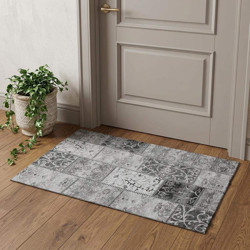 3' X 5' Gray And Ivory Patchwork Distressed Washable Area Rug With UV Protection - HomeRoots - Flyclothing LLC
