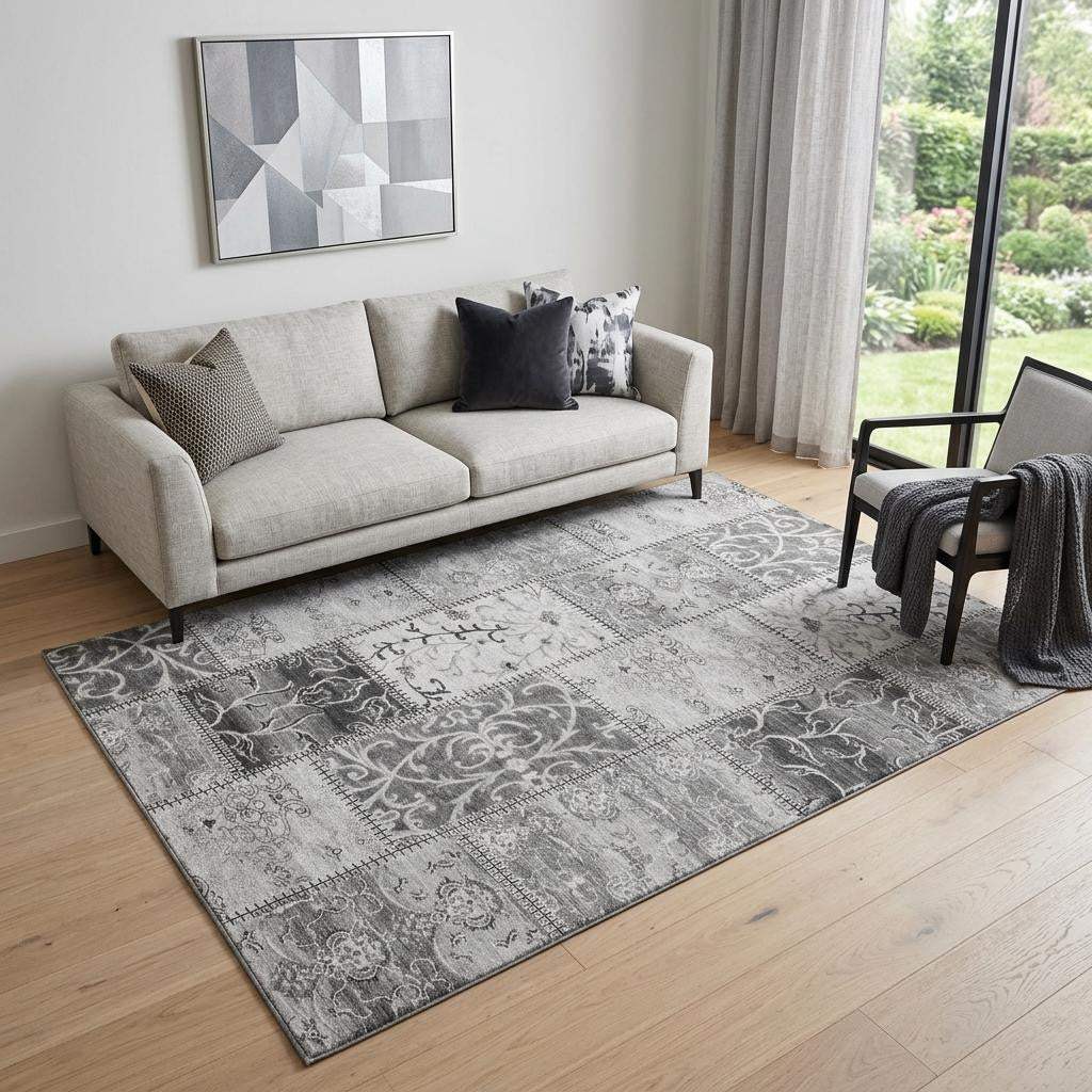 5' X 8' Gray And Ivory Patchwork Distressed Washable Area Rug With UV Protection - HomeRoots - Flyclothing LLC