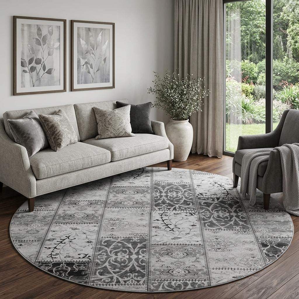 8' Gray And Ivory Patchwork Distressed Washable Round Rug With UV Protection - HomeRoots - Flyclothing LLC