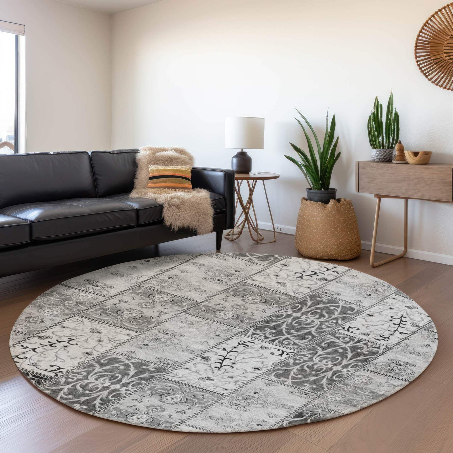8' Gray And Ivory Patchwork Distressed Washable Round Rug With UV Protection - HomeRoots - Flyclothing LLC