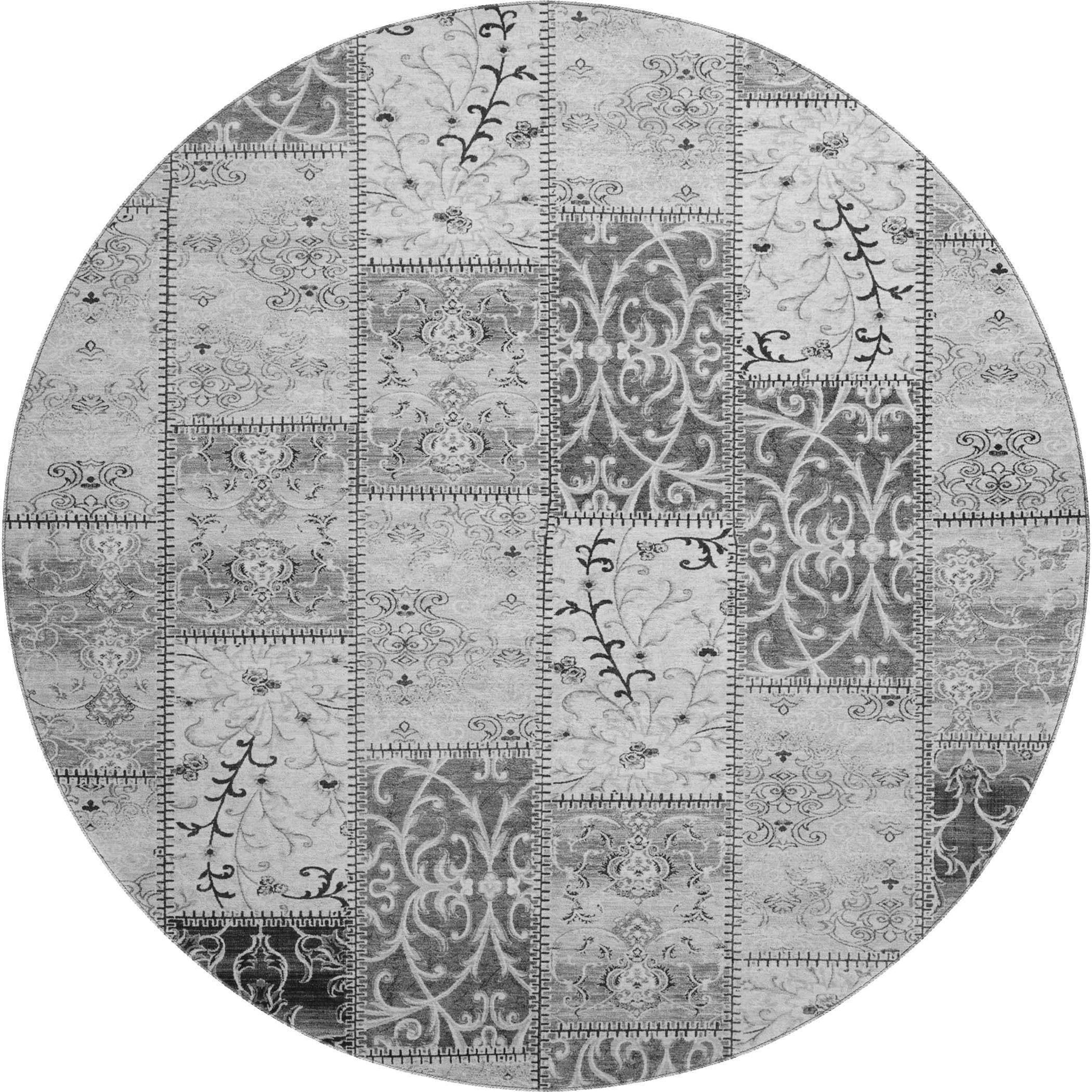 8' Gray And Ivory Patchwork Distressed Washable Round Rug With UV Protection - HomeRoots - Flyclothing LLC