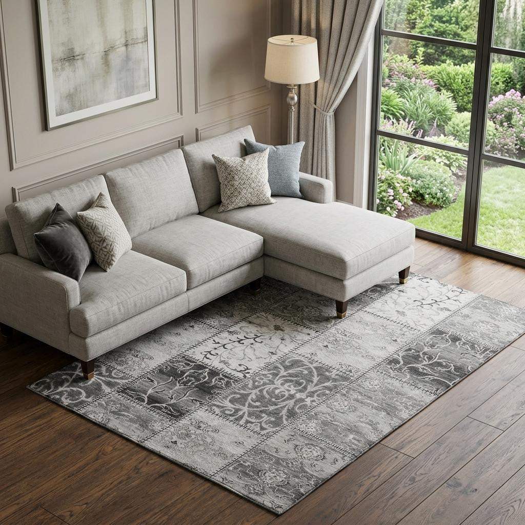 8' X 10' Gray And Ivory Patchwork Distressed Washable Area Rug With UV Protection - HomeRoots - Flyclothing LLC