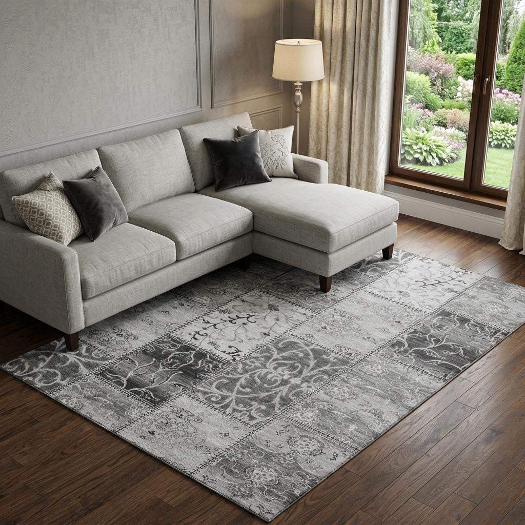 9' X 12' Gray And Ivory Patchwork Distressed Washable Area Rug With UV Protection - HomeRoots - Flyclothing LLC