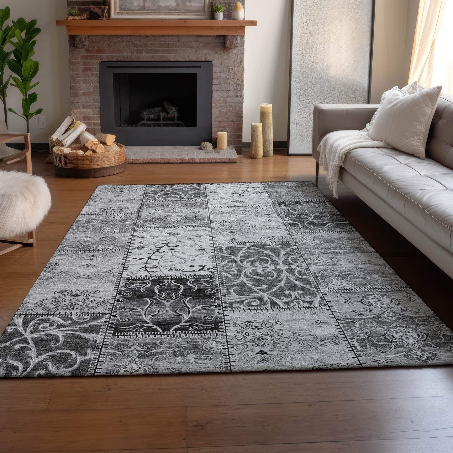 10' X 14' Gray And Ivory Patchwork Distressed Washable Area Rug With UV Protection - HomeRoots - Flyclothing LLC