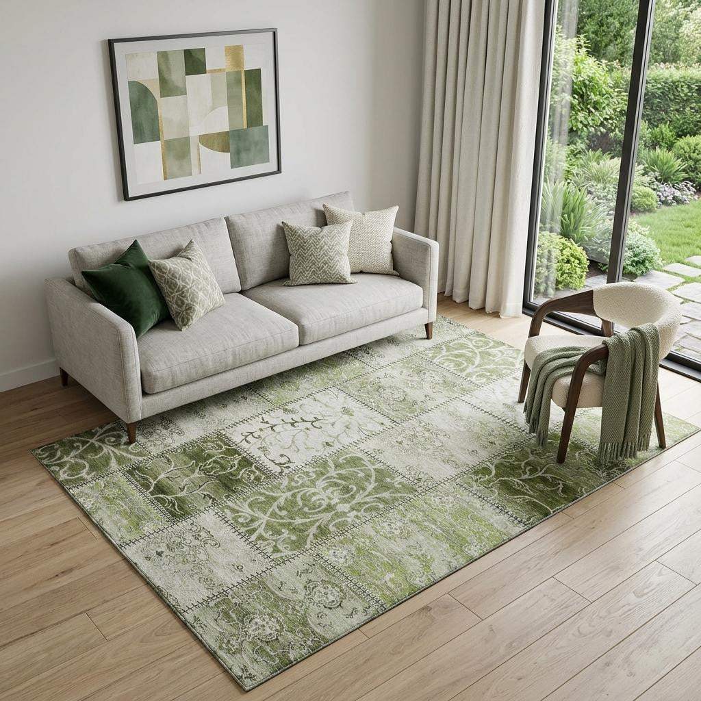 5' X 8' Green And Ivory Patchwork Distressed Washable Area Rug With UV Protection - HomeRoots - Flyclothing LLC