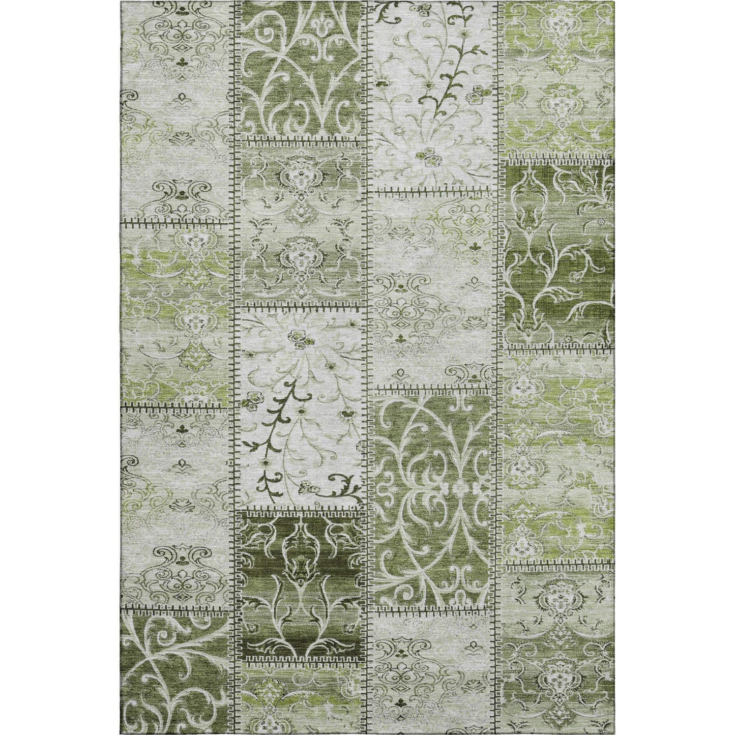 5' X 8' Green And Ivory Patchwork Distressed Washable Area Rug With UV Protection - HomeRoots - Flyclothing LLC