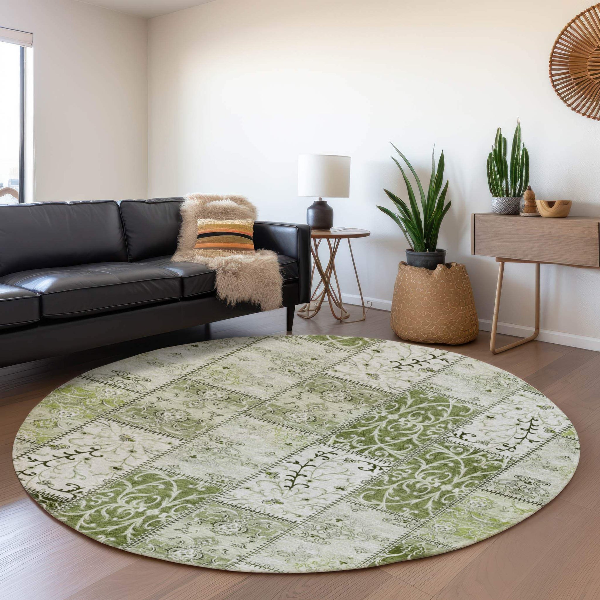 8' Green And Ivory Patchwork Distressed Washable Round Rug With UV Protection - HomeRoots - Flyclothing LLC