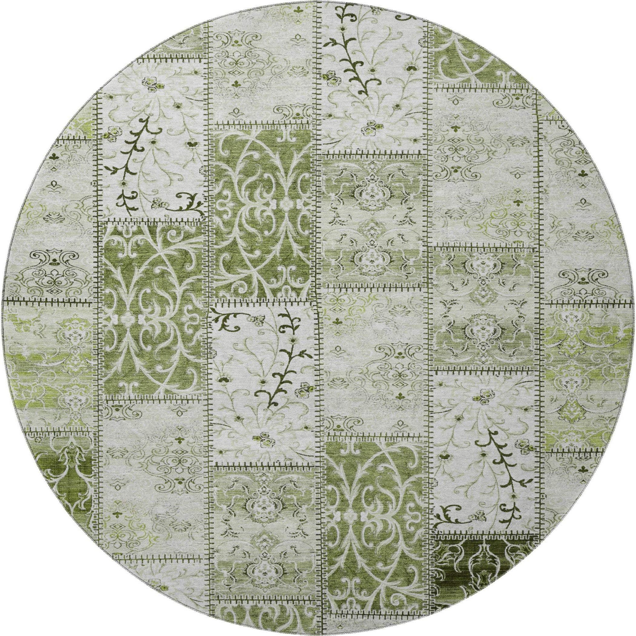 8' Green And Ivory Patchwork Distressed Washable Round Rug With UV Protection - HomeRoots - Flyclothing LLC