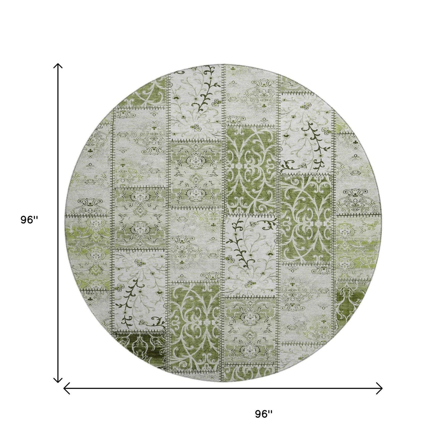 8' Green And Ivory Patchwork Distressed Washable Round Rug With UV Protection - HomeRoots - Flyclothing LLC