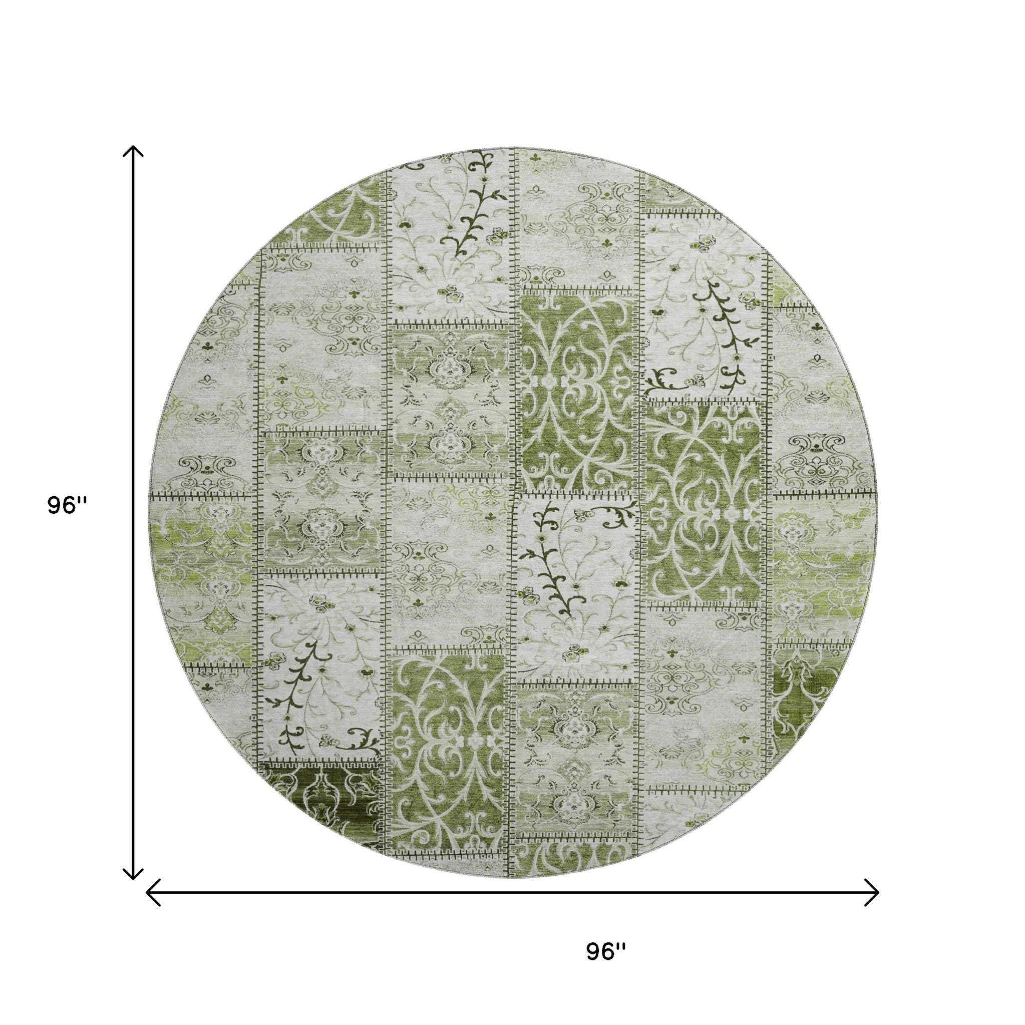 8' Green And Ivory Patchwork Distressed Washable Round Rug With UV Protection - HomeRoots - Flyclothing LLC